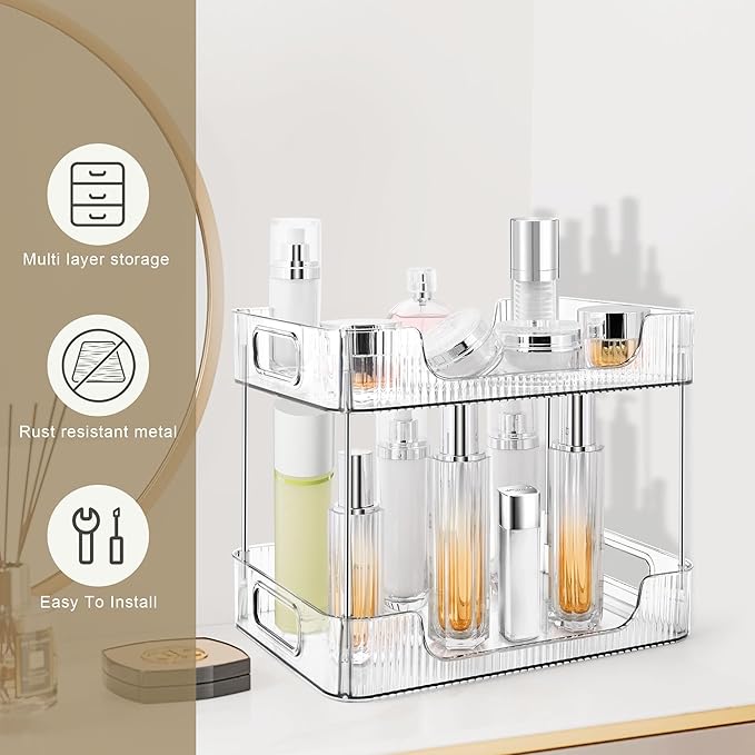 2-Tier Bathroom Counter Organizer Countertop Storage, Dresser Organizer Vanity Tray for Makeup, Perfume Organizer Cosmetics Skincare Shelf- Clear-NeatNest