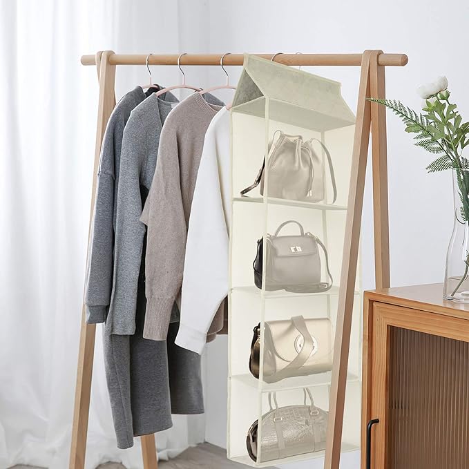 Closet Handbag Purse Holder, Space Saving Hanging Handbag Storage Tote Bag Organizer Holder with 4 Large Heavy-Duty Mesh Shelves for Wardrobe Closet(Pack of 2 Beige)-NeatNest