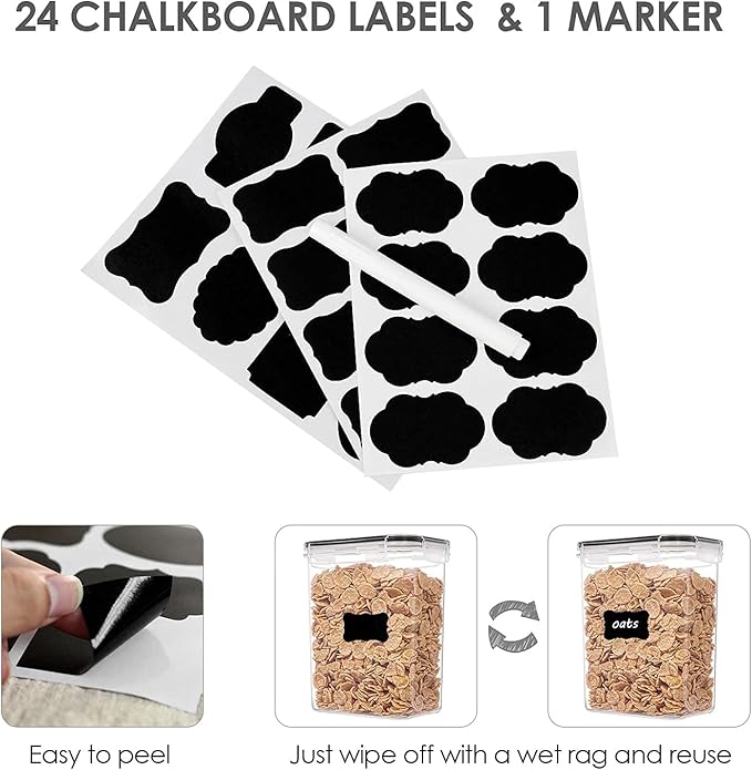 Airtight Food Storage Containers with Lids, Vtopmart 24 pcs Plastic Kitchen and Pantry Organization Canisters for Cereal, Dry Food, Flour and Sugar, BPA Free, Includes 24 Labels，Black-NeatNest