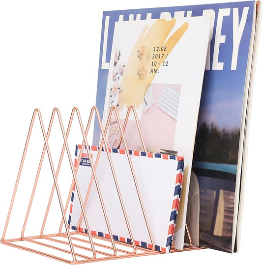 COSYAWN 7 Slot Vinyl Record Holder Storage, Anti-Rust Metal Magazine Album Display Rack Desktop File Organizer, Triangle Paper Letter Newspaper Sorter Stand for Home Office, Rose Gold