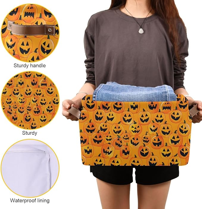Halloween Seamless Storage Basket,Yellow Pumpkin Large Storage Bin Fabric Collapsible Organizer Bag with Handles 15x11x9.5 inch-NeatNest