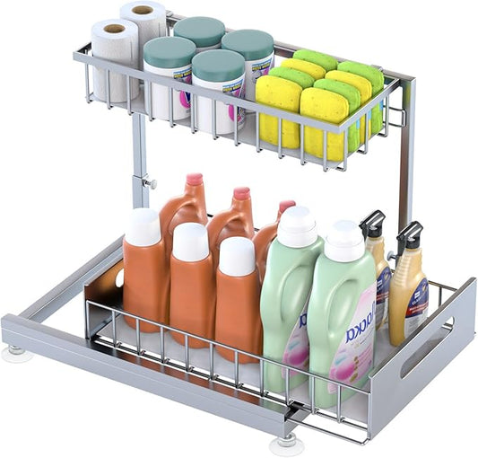 Under Sink Organizer Storage 2-Tier Premium Metal Pull-Out Racks, Height Adjustable, Easy Installation | Kitchen & Bathroom Organizers Pack of 1-NeatNest