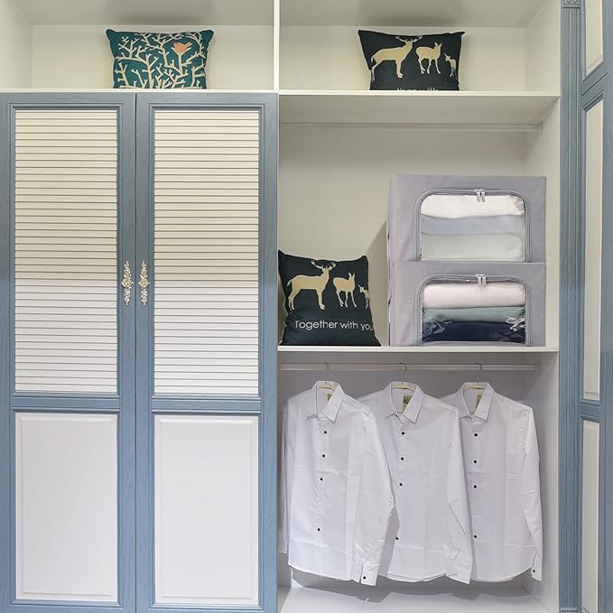 Clothes Storage Box Bins Stackable Foldable Organizer,Sturdy Handles with Metal Frame for Clothing Bedding Shelves,Closet Container with Clear Window Zipper and Label Holder (Gray, 22L x3 Pack)-NeatNest