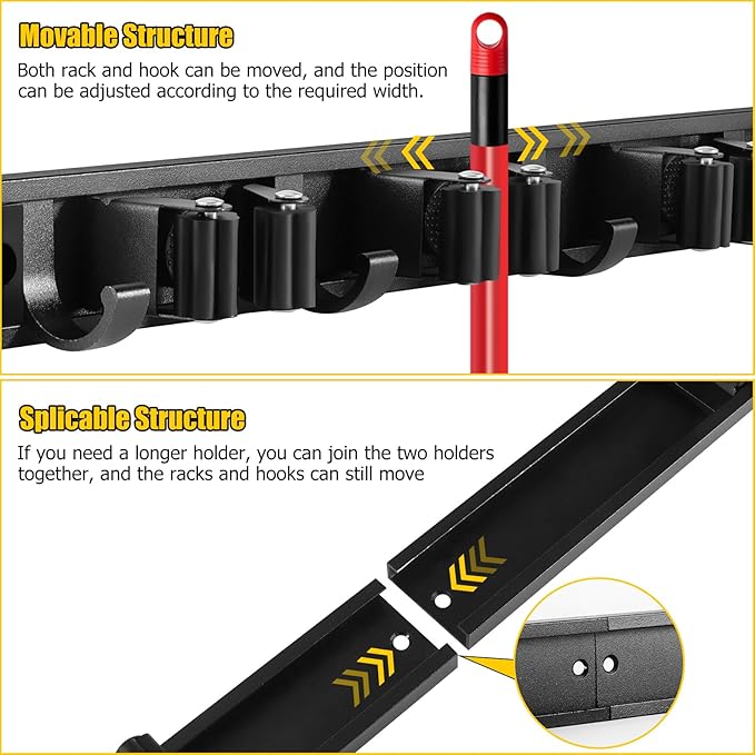 SLIIMU Movable 15'' Broom and Mop Holder Wall Mount with Sliding 3 Racks 4 Hooks, Storage Organizer Wall Hanger, Cleaning Tool Hanging Grippers for Kitchen Bathroom Garden Garage Laundry Home Closet-NeatNest