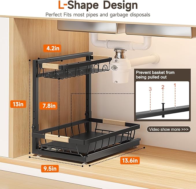 2 Packs Under Sink Organizer, High Adjustable 2 Tier Under Kitchen sink organizer, Multi-Purpose Storage Shelf for Kitchen Bathroom Cabinet, Black (Black)-NeatNest