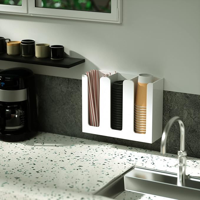 Richboom Acrylic Coffee Cup and Lid Storage Organizer Holder, 3 Compartments, White-NeatNest