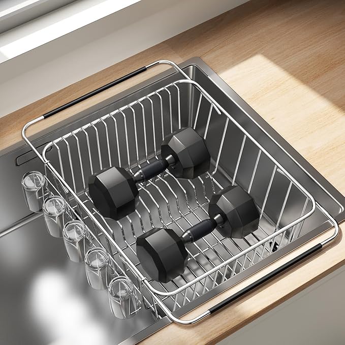 Dish Drying Rack in Sink, Extendable Stainless Steel Dish Drainers for Kitchen Counter, Anti-Rust Dish Dryer Rack with Utensil & Cup Holders, for Inside Sink, Over The Sink