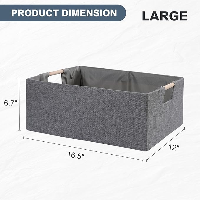 ANMINY 6PCS Storage Baskets for Organizing Collapsible Fabric Storage Bins Boxes with Wood Handles Closet Shelves Cube Organizer Bins Clothes Laundry Storage Container - Large, Gray-NeatNest