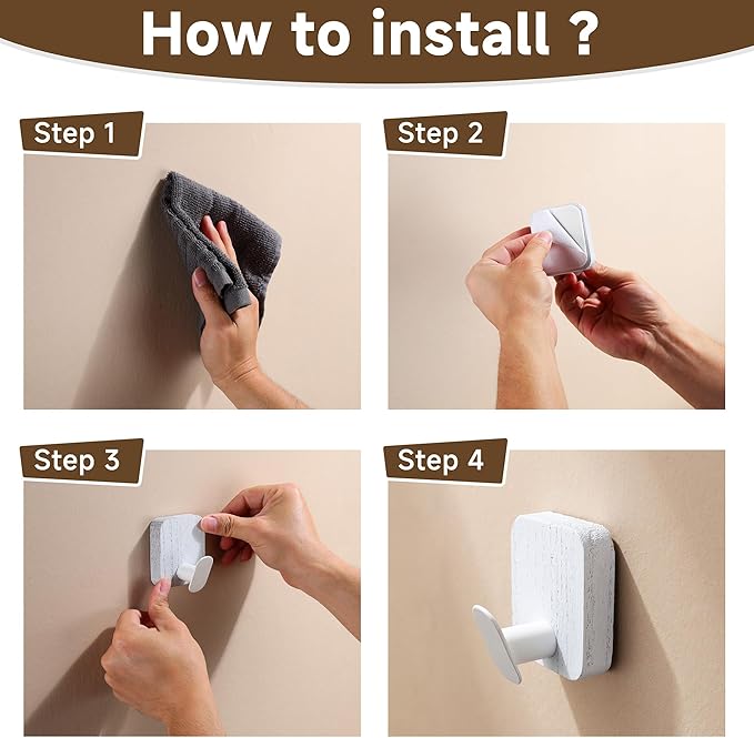 DELITON Wood Wall Hooks, Adhesive Towel Hooks for Hanging Wall Mounted, 4 Packs Coat Robes Hats Command Hook Heavy Duty No Damage, White-NeatNest