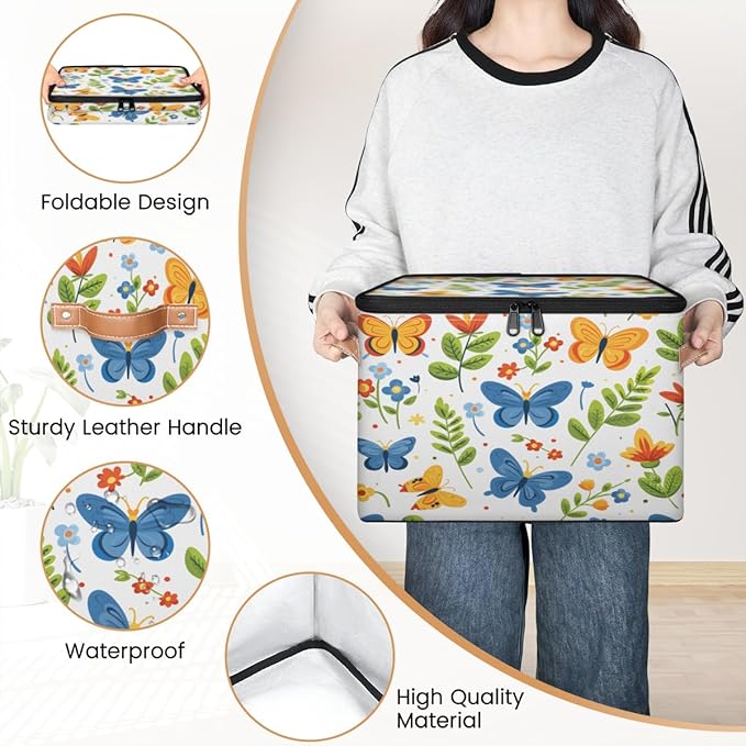 Boho Butterfly Storage Bins with Zipper Lid, Spring Plant Lidded Storage Baskets Boxes Foldable Organizer with Leather Handles for Clothes Closet Shelf Toys-NeatNest