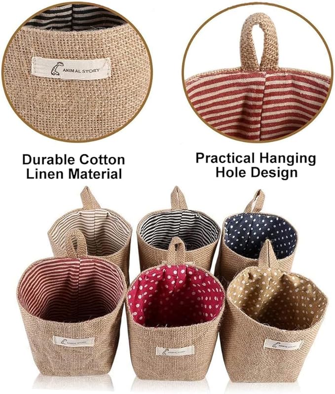 6 PCS Mini Hanging Storage Bags, Anberky Cotton Linen Small Storage Basket Wall Hanging Organizer Box Wall Mounted Storage Pocket Collapsible Decor Bin Bag with Handle for Wall Door Closet (#A)-NeatNest
