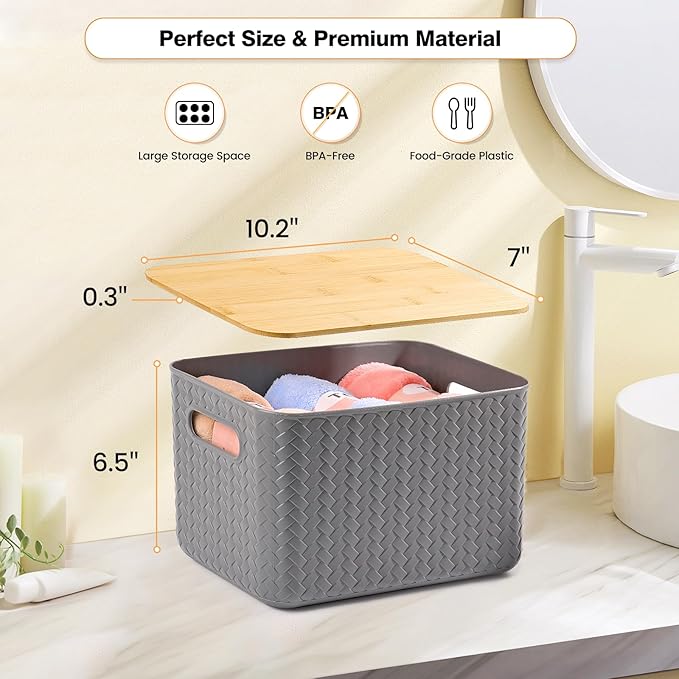 4 Packs Storage Bins with Bamboo Lids - Plastic Storage Containers with Lids Stackable Storage Box：Storage Baskets for Organizing Desktop Closet Playroom Classroom Office,Gray