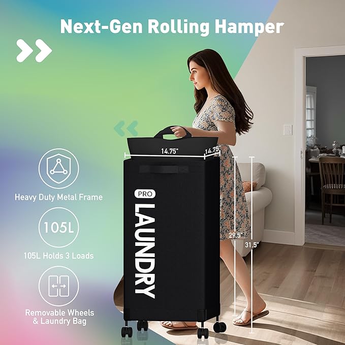Caroeas Next-Gen 105L Matel Frame Laundry Basket with wheels, Heavy Duty Tall Rolling Laundry Hamper with Removable Wash Bag, Collapsible Freestanding Clothes Hamper (100L,Black,1Pack)
