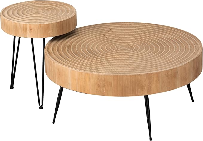 LONYKE 2-Piece Boho Farmhouse Nesting Table with Handcrafted Wood Ring Motif, Round Natural Finish Coffee Table Set for Living Room, French Country Decor, Round