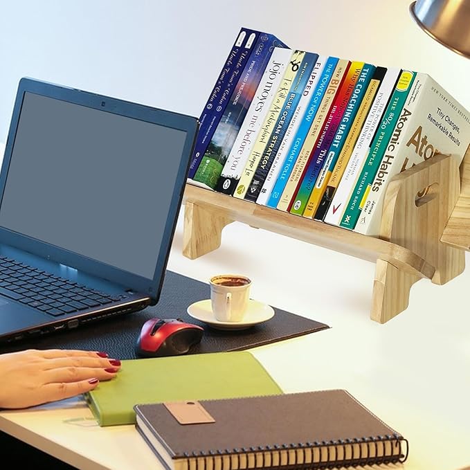 Couch-Style Desktop Bookshelf Organizer - Natural Wood Desk Top Bookshelf for Books, CDs, Magazines, Space-Saving for Home Office/Dorm (1, Oblong)-NeatNest