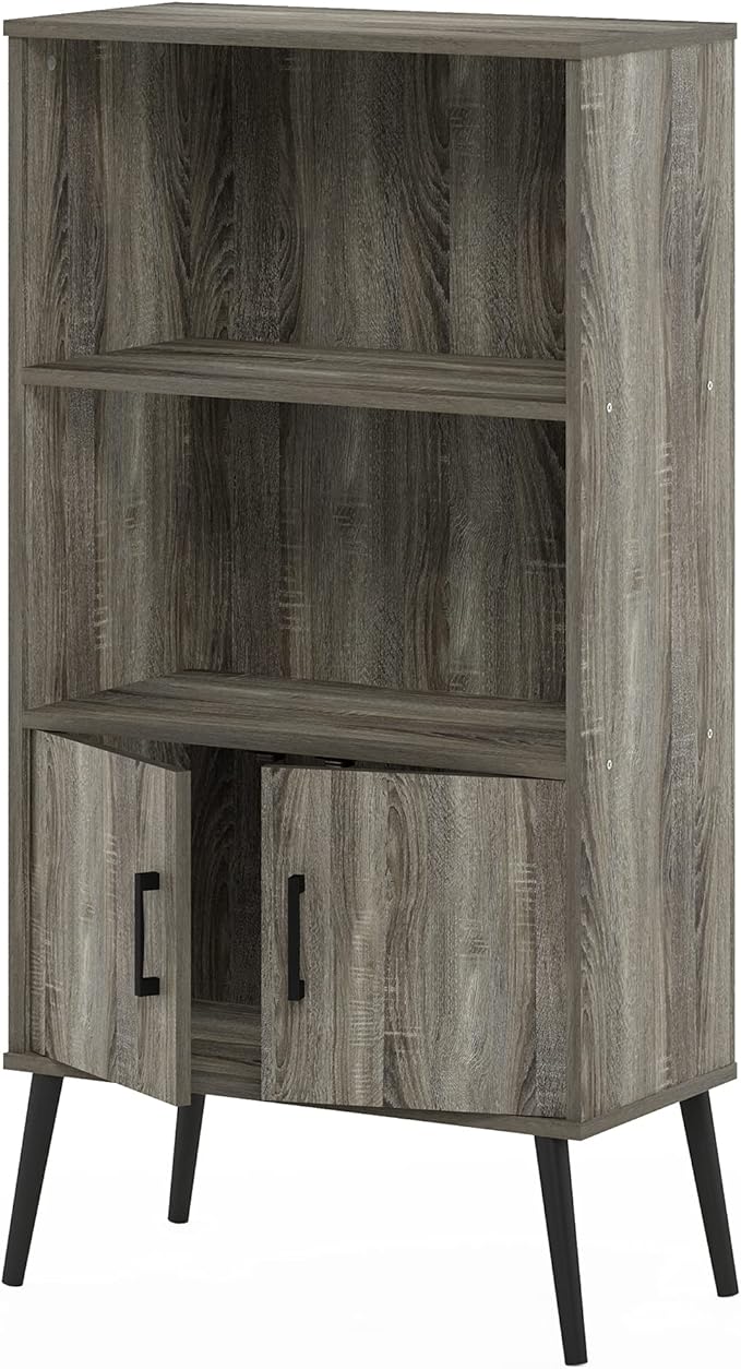Furinno Claude Mid Century Style Accent Wooden Leg Bookcase Cabinet with Storage Organizer Shelves, French Oak Grey