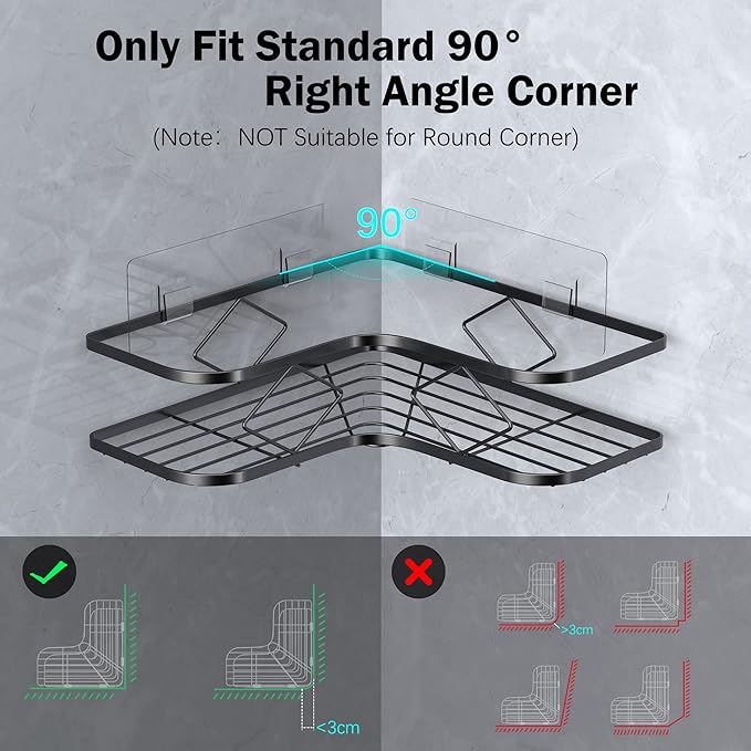 Kadolina Large Corner Shower Caddy, 2 Pack Adhesive Bathroom Shower Organizer Shelves, No Drilling Rustproof Wall Mounted Shower Storage Basket Shampoo Holder Organizer (Black)
