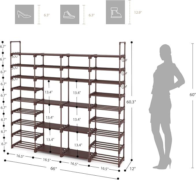 ROJASOP Large Shoe Rack Organizer for Entryway Closet 64-68 Pairs 9-Tier Heavy Duty Tall Garage Shoe Rack Shoe Shelf Shoes Storage with 18 Pcs Removable Side Hooks for Bedroom and Garage Brown-NeatNest