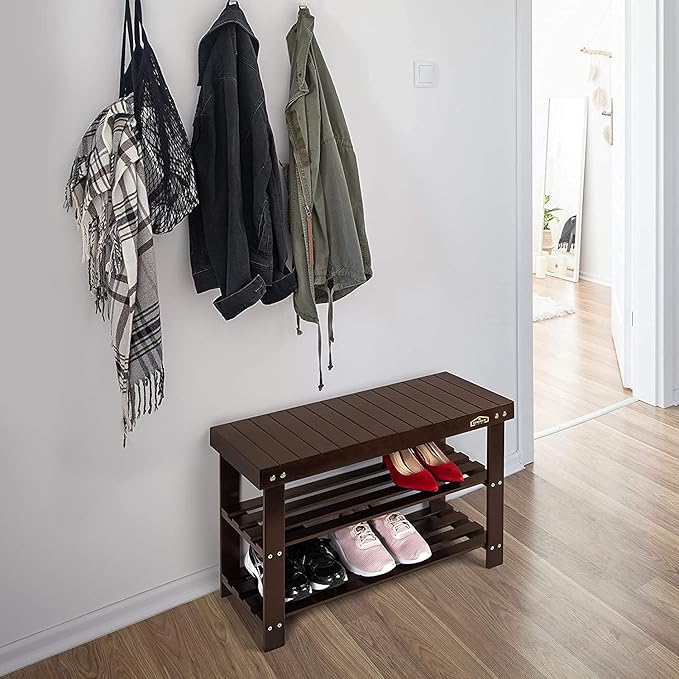 Homemaid Living Bamboo 3 Tier Shoe Rack Bench, Premium Shoe Organizer or Entryway Bench, Perfect for Shoe Cubby, Entry Bench, Bathroom Bench, Entryway Organizer, Hallway or Living Room(Brown)-NeatNest