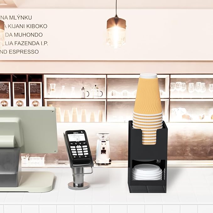 Coffee Condiment and Cup Organizer - 2-Tier Upright Cup and Lid Holder with Straw Organizer 2 Compartments Black Acrylic Cup Dispenser for Restaurant Breakroom Coffee Station Countertop-NeatNest