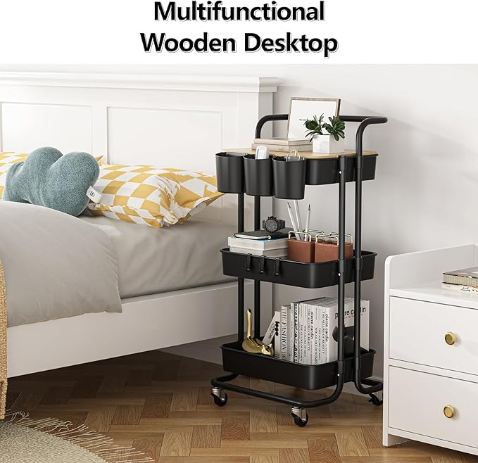 3 Tier Rolling Cart with Metal Handle, Table Top, Hanging Cups, Hooks, Plastic Storage Baskets& Wheels Lockable, Utility Cart for Bathroom Classroom Office Kitchen Pantry Organizers and Storage, Black-NeatNest