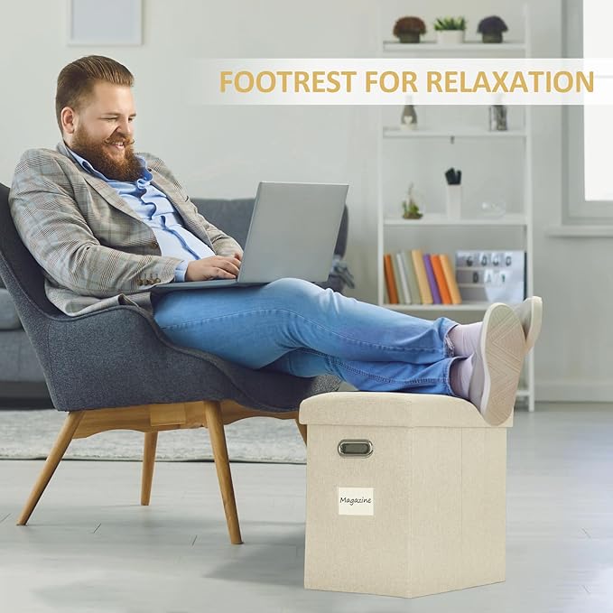 Tall Ottoman with Storage Collapsible Fabric Small Slim Folding Ottoman Furniture with Handles Lid for Room Footrest Foot Stool Linen Beige 16.5x16.5x11.8in
