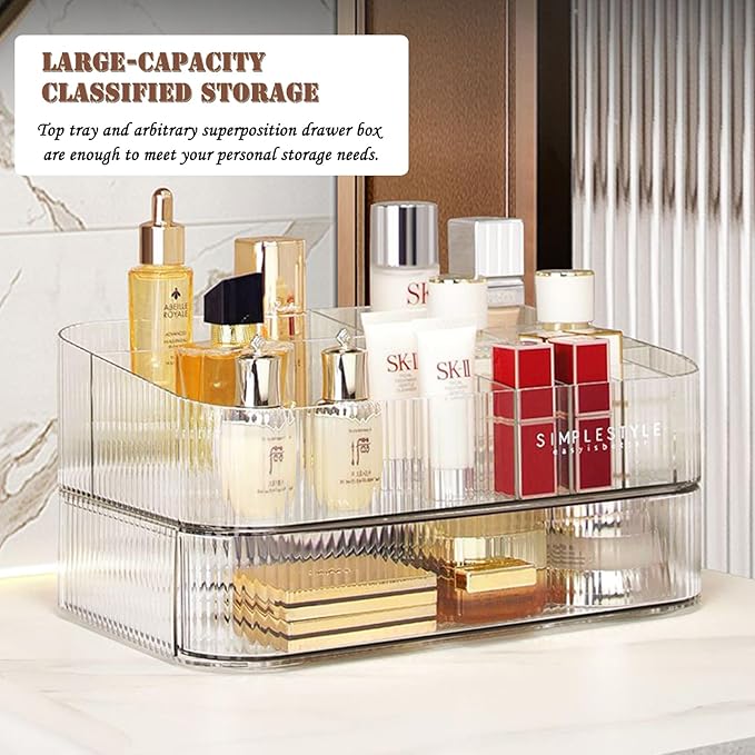 Makeup Organizer with Drawers, Stackable Cosmetics Organizer, Large Make Up Organizer Storage Box, Ideal for Bathroom Countertop and Desk (1 x Drawer, Clear)-NeatNest