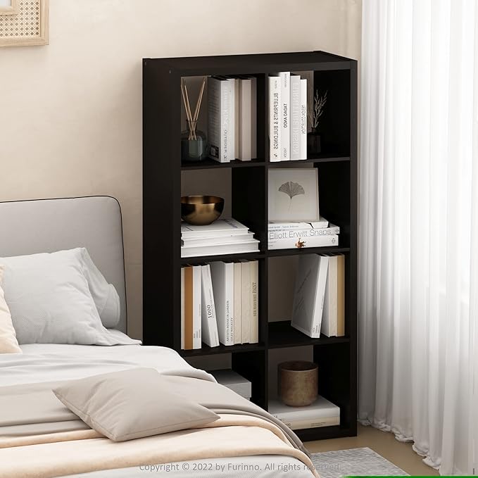 Furinno Cubicle Open Back Decorative Cube Storage Organizer, 8-Cube, Black Dark Oak