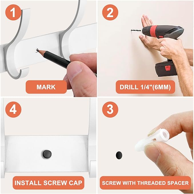 Coat Rack Wall Mounted,6 Coat Hooks for Hanging Coats,Heavy Duty Metal Double Hook Rack Hook Rail,Coat Rack with Hooks,Wall Mount Coat Hanger for Hat Towel Purse Robes (2 Pack White, 6 Hooks)-NeatNest