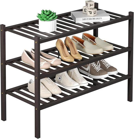3 Tier Bamboo Shoe Rack for Closet Free Standing Wood Shoe Shelf for Entryway Small Space Stackable 27"x11"x20" (Brown)-NeatNest
