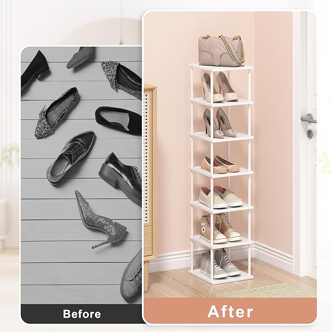 Bamboo Free Standing Shoe Rack Shelf Multi Tier Tall Wooden Stackable Shoes Rack Organizer for Closet Front Door Entrance Narrow Vertical Shoe Storage Rack for Corner Stand (White, 7 Tiers)-NeatNest