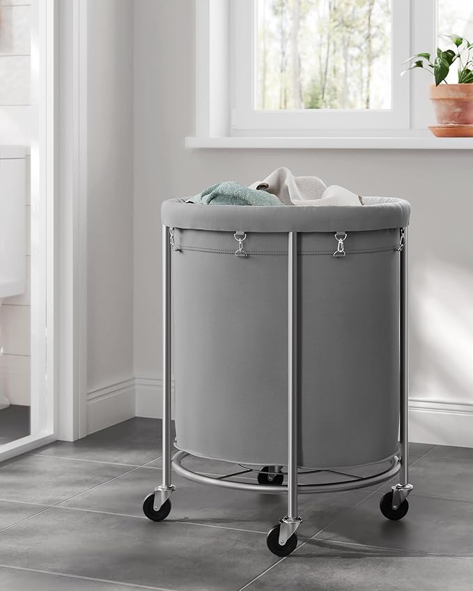 SONGMICS Laundry Basket with Wheels, Rolling Round Laundry Hamper Cart, 45 Gal. with Steel Frame and Removable Bag, 4 Casters and 2 Brakes, Gray and Metallic Silver URLS001G01