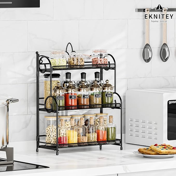 EKNITEY Bathroom Counter Organizer - 3 Tier Spice Rack Organizer Skincare Countertop Organizers for Bathroom Kitchen Bedroom Black (No Assembly)
