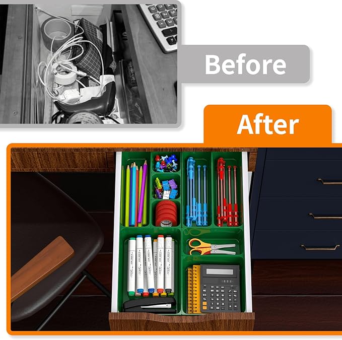 7 Pcs Plastic Drawer Organizer Set,4 Size Small Storage Containers for Organizing Jewelry,Utensil,Junk,Tea,Makeup,Shallow Drawer Organizers Tray Suitable for Office,Desk,Bathroom,Vanity,Kitchen,Green-NeatNest