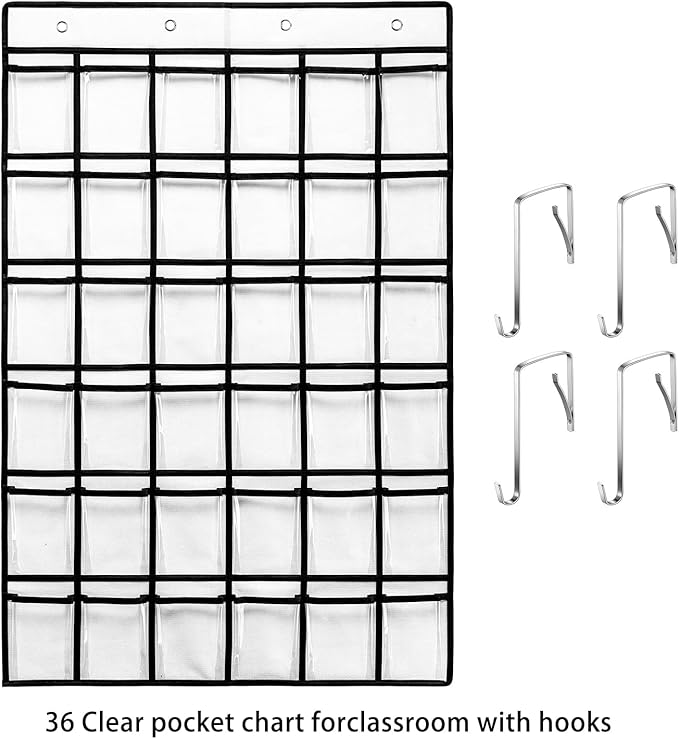 36 Clear Pockets Classroom Pocket Chart for Cell Phones, Pocket Chart for Calculator Phone Holder with 36 Number Stickers and Hooks (White)-NeatNest