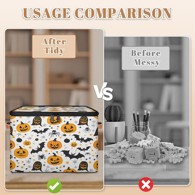 Halloween Pumpkin Storage Bins with Lids, Boho Ghosts Bat Fabric Storage Boxes with Zipper, Collapsible Decorative Closet Organizer Cube for Clothes,Organizing, Shelves-NeatNest