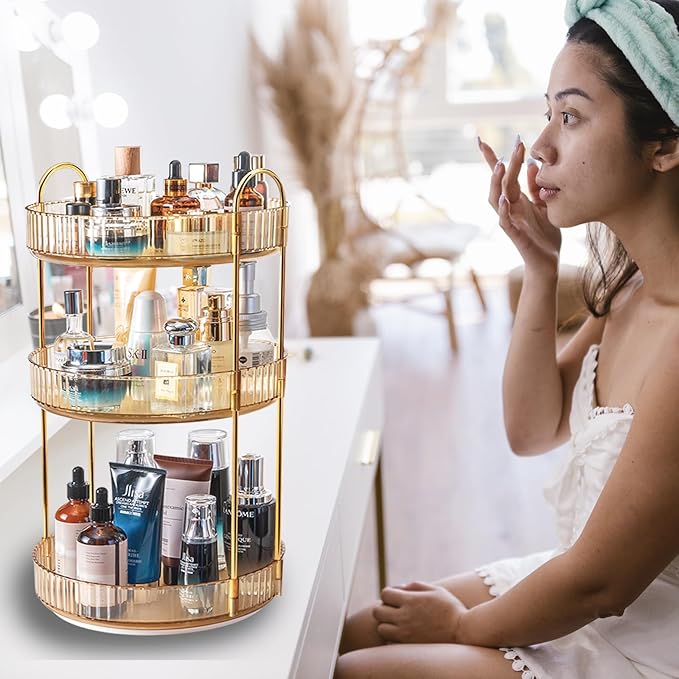 Rotating Makeup Organizer Countertop 3 Tier Lazy Susan Trays Clear Skincare Perfume Storage for Bathroom Counter Vanity, Amber Gold-NeatNest