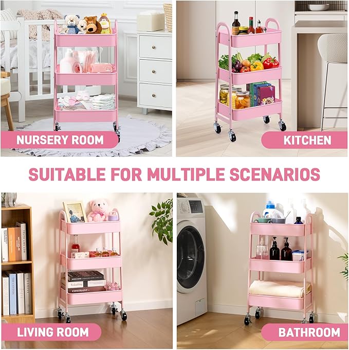 AGTEK 3-Tier Rolling Carts with Wheels, Rolling Utility Cart with Iron Frame for Kitchen, Plastic Shelves, Living Room, Office, Pink