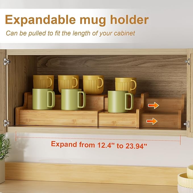 2-Tier Expandable Coffee Mug Holder, Mug Organizer for Kitchen Cabinets, Bamboo Mug Cup Rack, Multi-Functional Cup Holder Shelf, Coffee Bar Organizer, Home-NeatNest