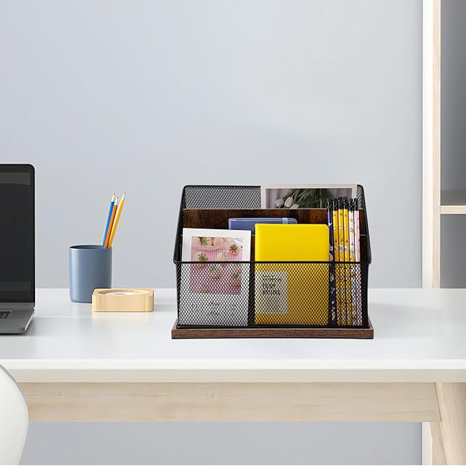 3-Tier Vertical File Storage with Retro Wooden Desk Mail Organizer and Metal Mesh Desktop Organizer for Home Office
