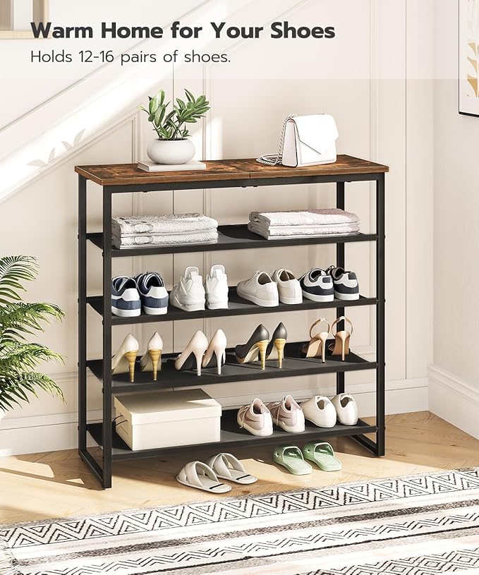 HOOBRO Shoe Rack, 5 Tier Shoe Storage Organizer with 4 Oxford Fabric Shelves and Top Panel, Holds 16-20 Pairs of Shoes, for Entryway and Closet, Industrial, Rustic Brown BF50XJ01-NeatNest