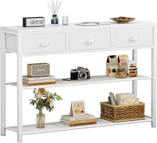 Furologee White Entryway Table, 38'' Console Sofa Table with 3 Fabric Drawers, Industrial Entry Way Table with Storage Shelves, Display Shelf for Living Room, Hallway, Entrance, Foyer-NeatNest