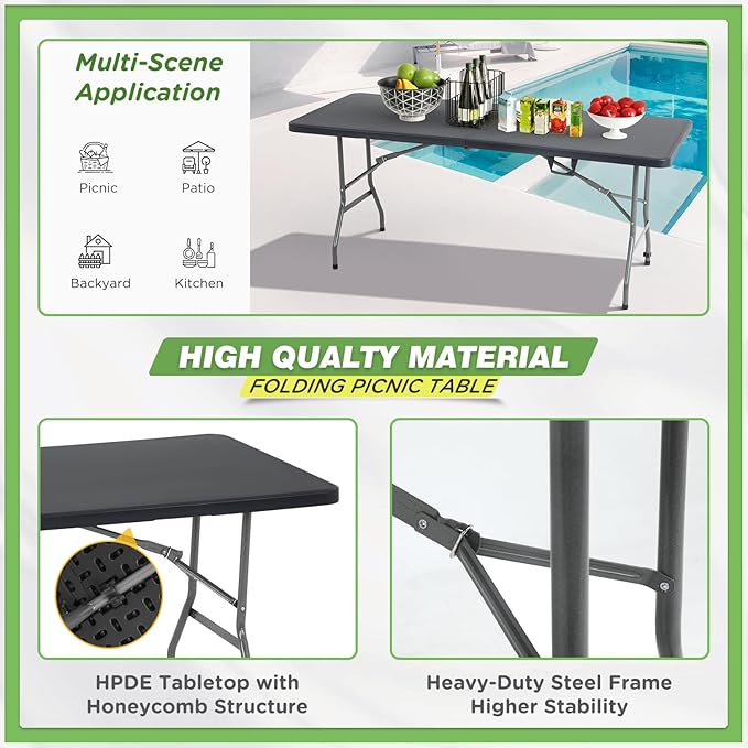 BestOffice Outdoor Folding Camping Table Plastic Table Portable Square Height Dining Table Perfect for Picnics,Parties,Party and Camping,Black-NeatNest