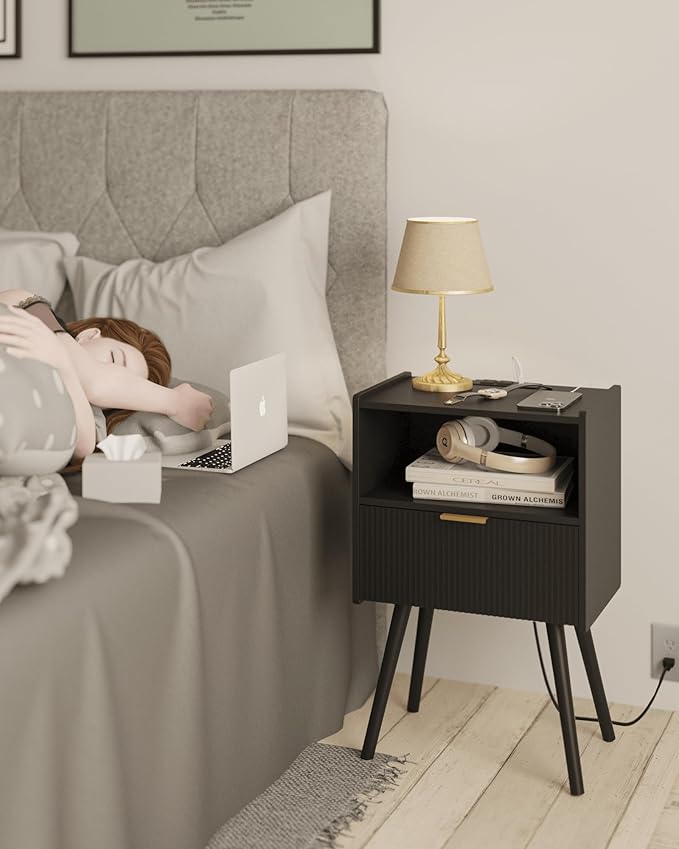 Black Nightstand with Outlet,Modern Bedside Table with Storage Drawer and Open Wood Shelf, for Living Room, Bedroom and Small Spaces, Accent Night Stand with Solid Wood Legs, Easy Assembly-NeatNest