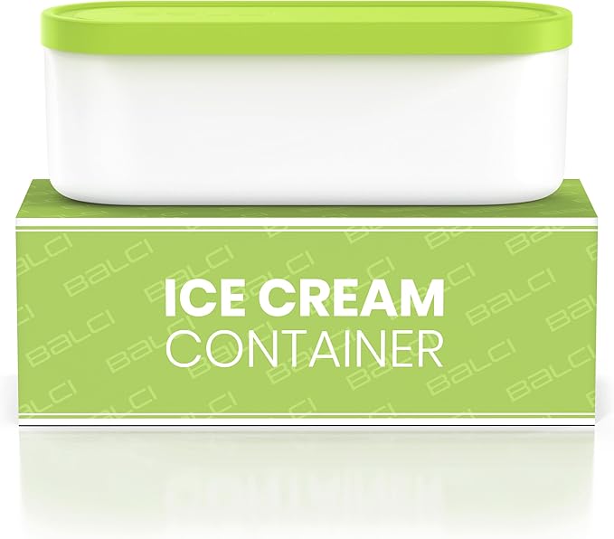 BALCI - Ice Cream Container - 2 Quart - Perfect Reusable Freezer Storage for Homemade Ice Cream Tubs for Sorbet, Frozen Yogurt and Gelato! - Flexible Silicone Lids, Long Scoop, Stackable - Green