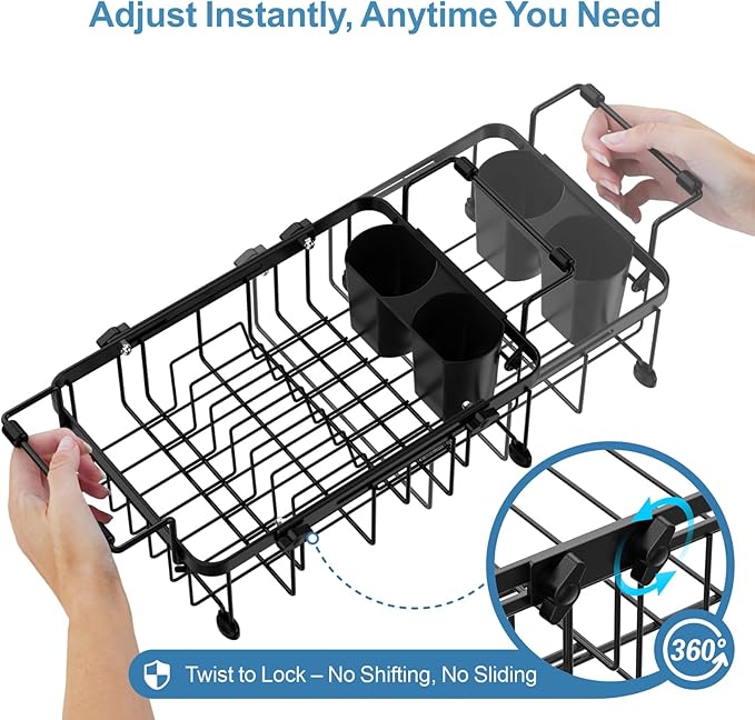 iSPECLE Small Sink Dish Drying Rack, Capacity Expandable Narrow Dish Drainer for RV Kitchen Counter with Cup Holder and Utensil Holder, Fit for 12"~18.3" Sink, Black