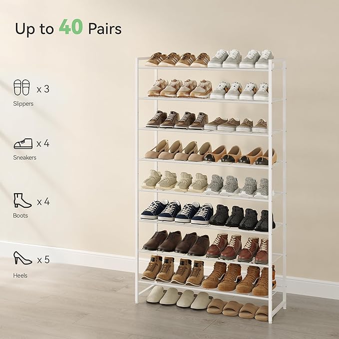 Shoe Rack, Metal Shoe Organizer, 8 Tier Garage Shoe Rack Max Holds 40 Pairs,Shoe Storage shelf for Closet,Entryway, White-NeatNest