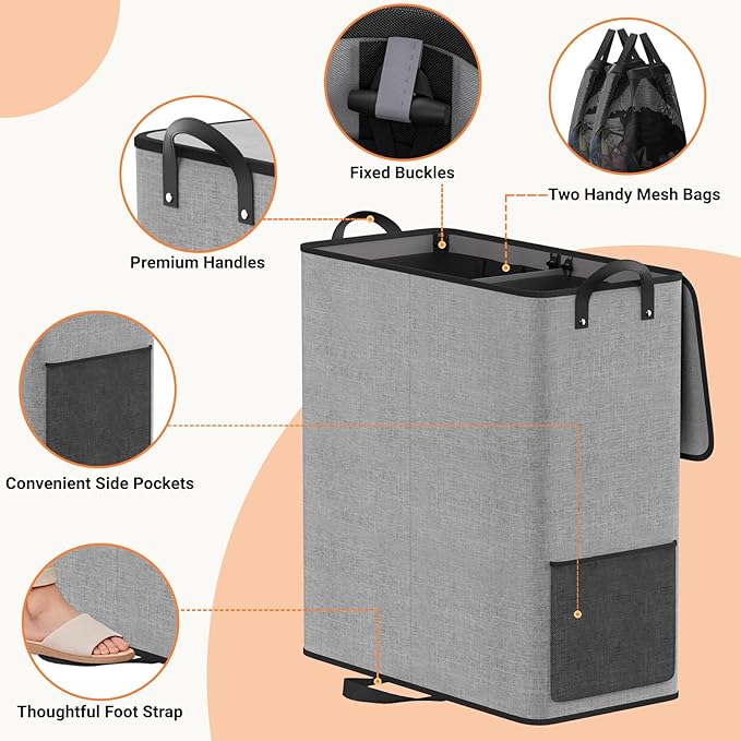 Large Double Laundry Hamper with Lid, Removable Bags & Reinforced Handles, 2 Section Tall Laundry Basket, Dirty Clothes Hampers for Laundry Room, Bedroom, Bathroom, Dorm, 136L, Gray-NeatNest