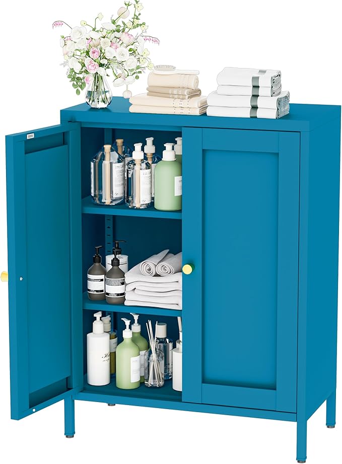 Coffee Bar Cabinet, Metal Sideboard Buffet Cabinet,Metal Storage Cabinet with 2 Doors and Adjustable Shelves for Kitchen Dining Room Living Room, Entryway, Bathroom,Office (Blue, 31.5" H)-NeatNest