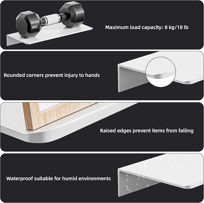 Metal Floating Shelf 2-Piece Set - Rust-Resistant Aluminum Wall Shelves - No Drill Wall Mounted Shower Caddy, Ideal for Display & Storage in Any Room (11.8", White)-NeatNest